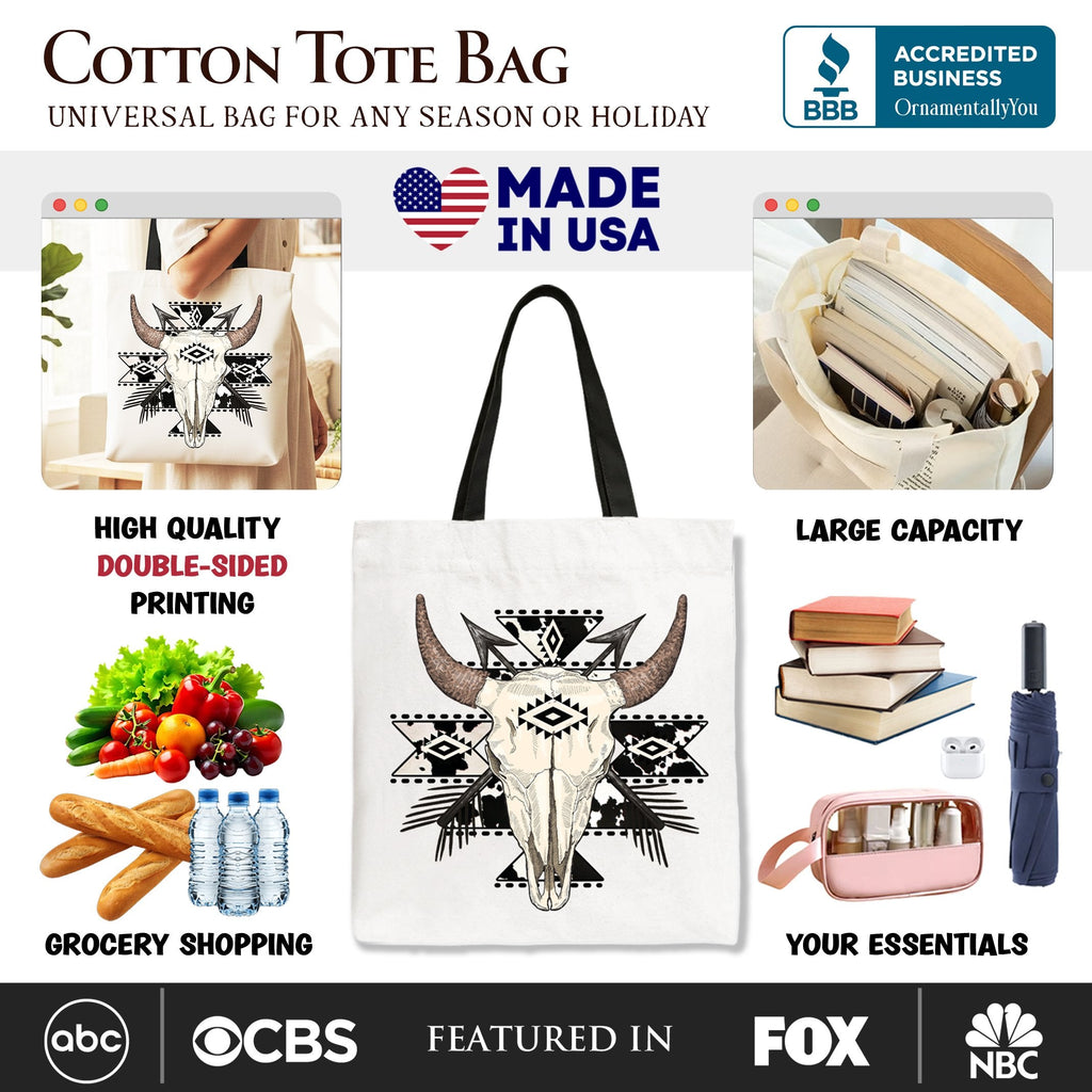 Aztec Tribal Bull Skull Tote Bag