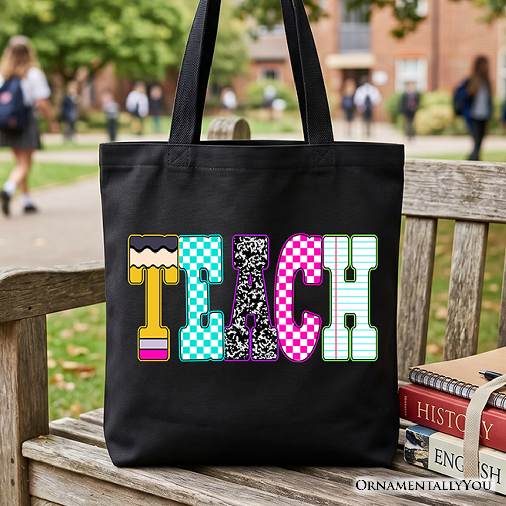 Neon Teacher Checkered Retro Tote Bag