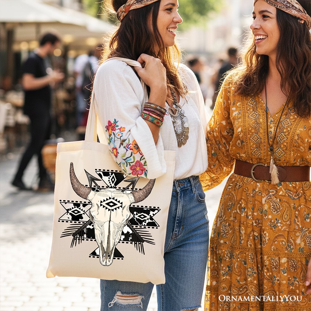 Aztec Tribal Bull Skull Tote Bag